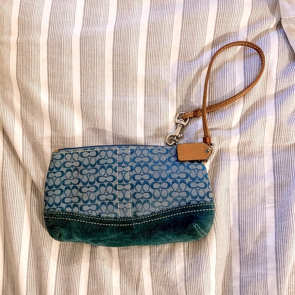 Coach Handbags - Vintage Coach Wristlet Blue Genuine Leather Wrist strap wallet suede